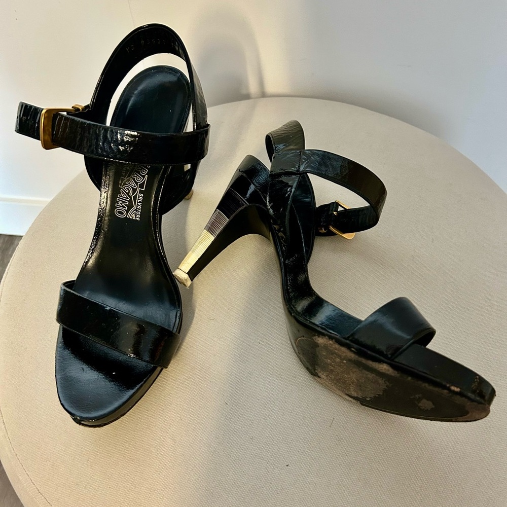Ferragamo Black and Gold High Heeled Sandals